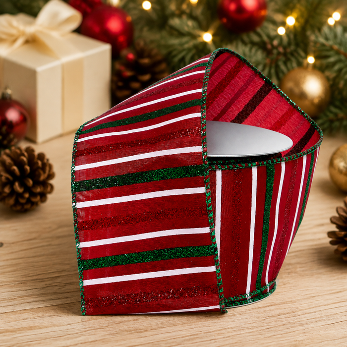 Metallic Red Green Pinstripe Ribbon - 2 1/2" x 10 Yards, Christmas, Wreaths, Tree Bows, Garlands, Gift Wrapping, Swags, Presents, Centerpieces, Holiday Crafts & Decor, Wired Edge