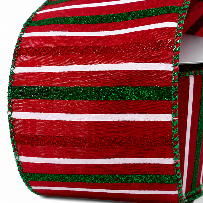 Metallic Red Green Pinstripe Ribbon - 2 1/2" x 10 Yards, Christmas, Wreaths, Tree Bows, Garlands, Gift Wrapping, Swags, Presents, Centerpieces, Holiday Crafts & Decor, Wired Edge