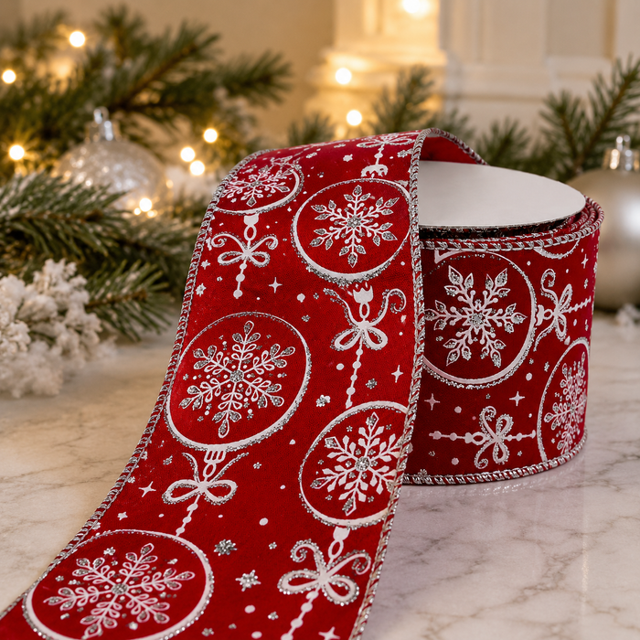 Red Silver Snowflakes Wired Ribbon - 2 1/2" x 10 Yards, Christmas, Wreath, Garland, DIY Crafts, Presents, Gift Wrapping, Gift Bows, Winter Holidays, Boxing Day, Fundraiser