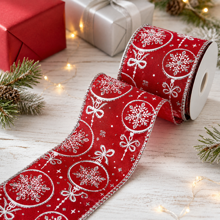 Red Silver Snowflakes Wired Ribbon - 2 1/2" x 10 Yards, Christmas, Wreath, Garland, DIY Crafts, Presents, Gift Wrapping, Gift Bows, Winter Holidays, Boxing Day, Fundraiser