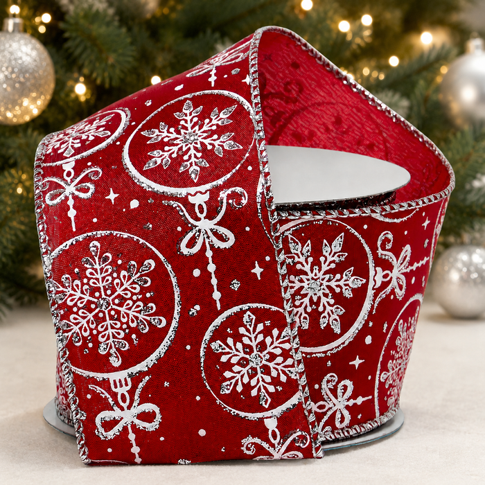 Red Silver Snowflakes Wired Ribbon - 2 1/2" x 10 Yards, Christmas, Wreath, Garland, DIY Crafts, Presents, Gift Wrapping, Gift Bows, Winter Holidays, Boxing Day, Fundraiser