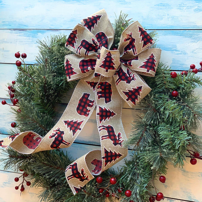 Moose Plaid Christmas Tree Bow - 10" Wide, 18" Long