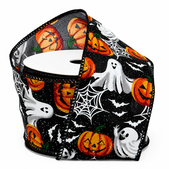 Spooky Halloween Ghosts Wired Ribbon - 2 1/2" x 10 Yards, Fall, Glitter, Pumpkin, Bats, Spiderwebs, Wreath, Swag, Hair Bows, Autumn, Fundraiser, Trick or Treat