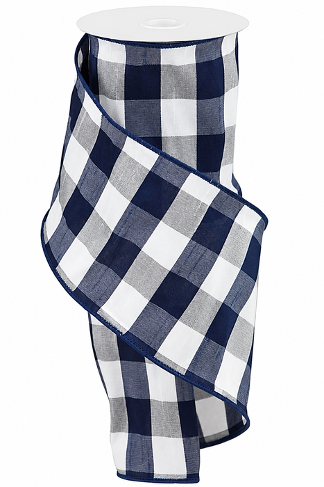 Navy White Buffalo Plaid Ribbon - 4" x 10 Yards, Christmas, Wired Edge, Gift Wrapping, Presents, Wreath, Hanukkah, Farmhouse, Birthday, Patriotic Décor, Police Support, Veterans Day