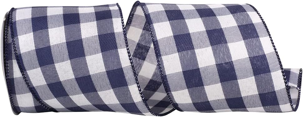 Navy Buffalo Plaid Wired Ribbon - 4" x 10 Yards, 4th of July, USA 250th Anniversary, Father's Day, Summer, Birthday, Wedding, Wreath, Swag, Baby Shower, Farmhouse Decor, Veterans Day, Labor Day, 1776
