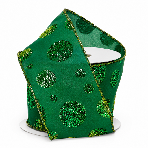 Green Glitter Polka Dots Ribbon - 2 1/2" x 10 Yards, Christmas, Gift Wrapping, Wreath, Birthday, Garland, Swag