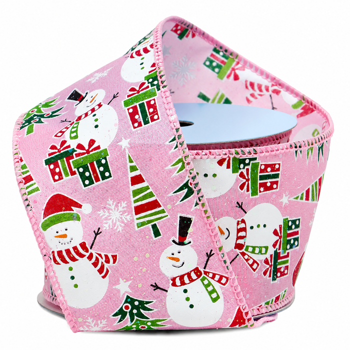 Pink Christmas Snowman Wired Ribbon - 2 1/2" x 10 Yards, Holiday, Gift Basket, Gift Wrapping, Wreath, Garland, Birthday, Baby Shower, Bows, Winter Birthday