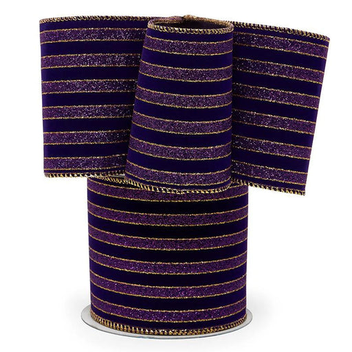 Purple Velvet Glitter Striped Ribbon - 4" x 10 Yards, Fall, Halloween, Wired Edge, Wreath, Masquerade, Carnival, Royalty, Mask, Garland, Gift Wrapping, Bows, Christmas, New Year's