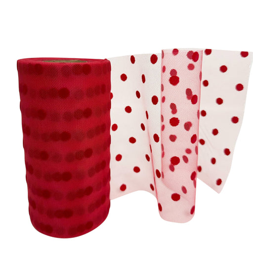 Red Polka Dot Tulle Decor - 6" x 25 Yards, Fabric Netting Ribbon