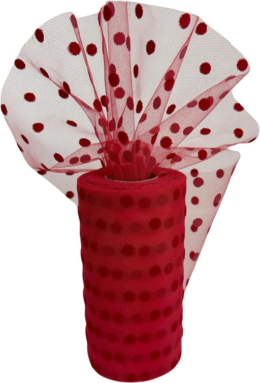 Red Polka Dot Tulle Decor - 6" x 25 Yards, Fabric Netting Ribbon