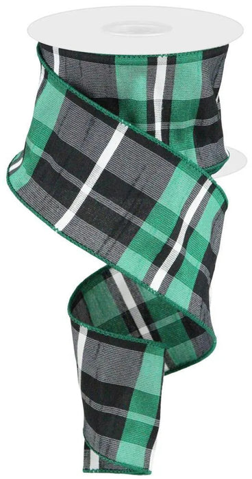 Faux Dupioni Plaid Wired Ribbon - 2 1/2" x 10 Yards, Fall, Halloween, Green Black White , Farmhouse Decor, Garland, Gift Wrapping, Wreaths, Thanksgiving, Christmas