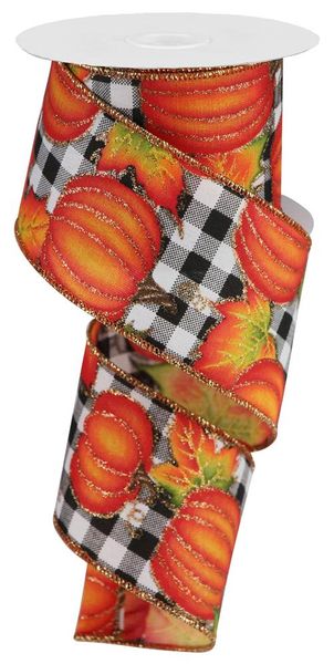 Pumpkin Patch Plaid Wired Ribbon - 2 1/2" x 10 Yards, Halloween, Fall, Thanksgiving, Black White Buffalo Check, Metallic Gold Edges, Rustic Orange Pumpkins, Wreath, Gift Wrapping, Presents
