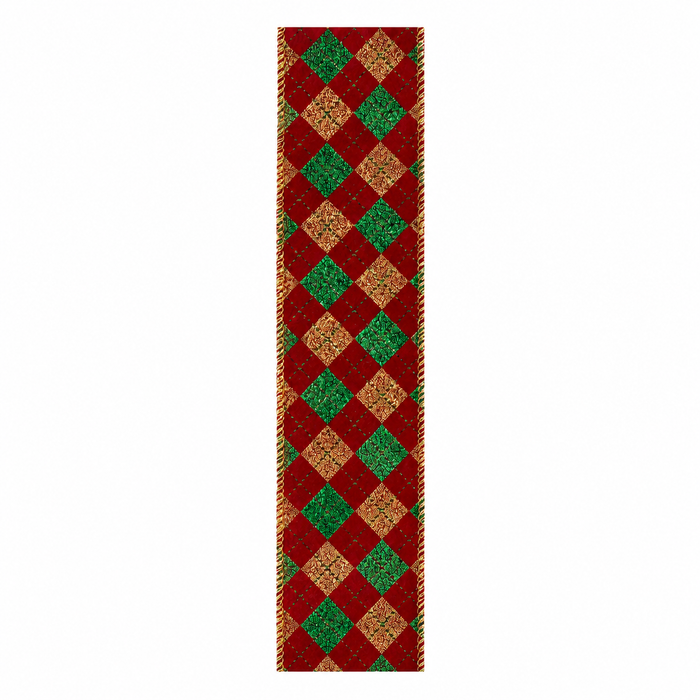 Red Gold Green Argyle Ribbon - 2 1/2" x 10 Yards, Christmas, Wreath, Tree Bows, Garland, Gift Wrapping, Velvet, Glitter, Birthday, Presents, Winter, Party Decor