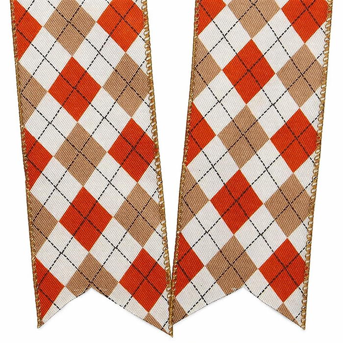 Autumn Harlequin Plaid Wired Edge Ribbon - 2 1/2" x 10 Yards, Orange, Brown, White
