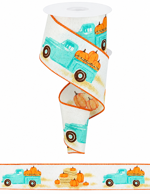 Turquoise Blue Truck Pumpkins Ribbon - 2 1/2" x 10 Yards, Fall, Thanksgiving, Wired Edge, Gift Wrapping, Wreath, Autumn, Hay Ride, Pumpkin Patch, Garland Decor, Birthday
