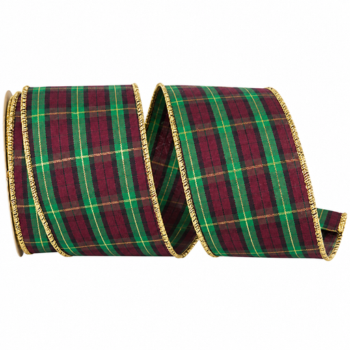 Burgundy Emerald Gold Plaid Ribbon - 2 1/2" x 10 Yards, Christmas, Traditional Tartan, Wired Metallic Gold Edge, Gift Wrapping, Garland, Presents, Tree Topper, Farmhouse, Elegant