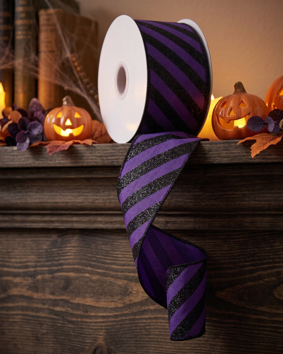 Purple Black Striped Wired Ribbon - 2 1/2" x 10 Yards, Halloween, Fall, Wreath, Gift Basket, Christmas, Birthday, Garland, Bows, Gift Wrapping, Glitter, Gothic Decor, Mardi Gras