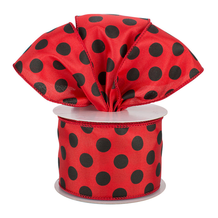 Black Polka Dots Wired Ribbon - 2 1/2" x 10 Yards, Red Satin