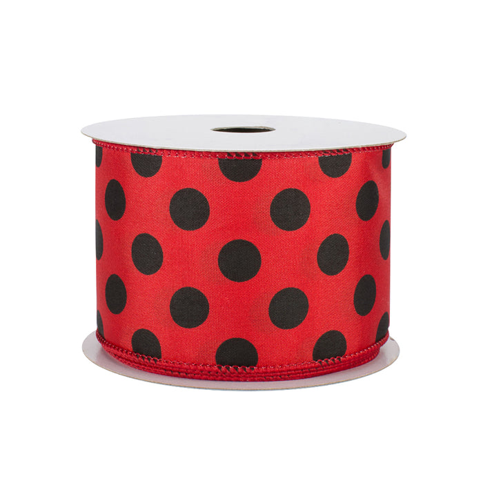 Black Polka Dots Wired Ribbon - 2 1/2" x 10 Yards, Red Satin