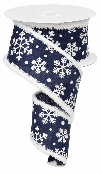 Navy Blue Snowflakes Wired Ribbon - 2 1/2" x 10 Yards, Christmas, White Chenille Edges, Sparkling White Snowflakes, Winter Decor, Wreath, Hanukkah, Holiday Garland, Gift Bows, Birthday