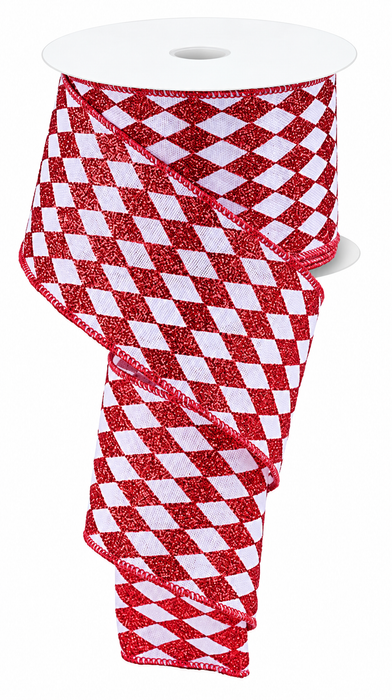 Red White Diamonds Harlequin Ribbon - 2 1/2" x 10 Yards, Christmas, Argyle, Red Wire Edged, Glittered, Tree Decoration, Wreath, Gift Wrapping, Anniversary, Birthday, Wedding