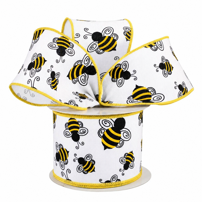 Fall Bumble Bee Wired Ribbon - 2 1/2" x 10 Yards, White, Yellow & Black, Autumn Harvest, Honey Bee, Farmhouse Wreath, Gift Wrapping, Baby Shower, Birthday, Wedding, Christmas