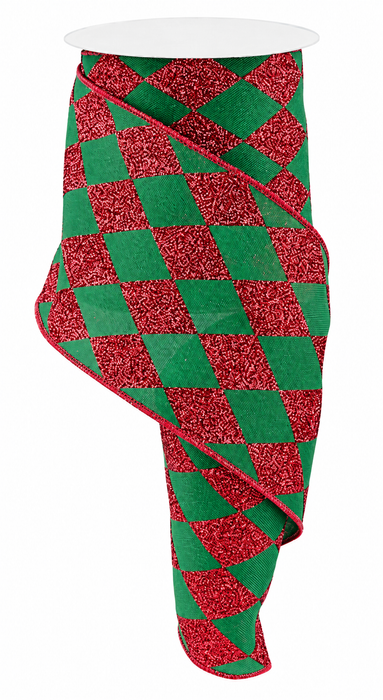 Red Green Glitter Diamonds Ribbon - 4" x 10 Yards, Christmas, Red Wired Edges, Gift Wrapping, Garland Decoration, Presents, Wreath, Tree Topper Bow, Winter Holiday, Boxing Day, Birthday