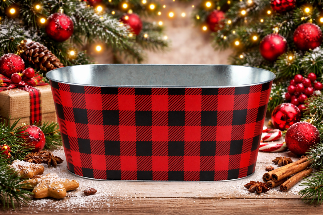 Red Black Buffalo Plaid Plant Pot - L 10.25" x W 5.25", 4.75" Tall