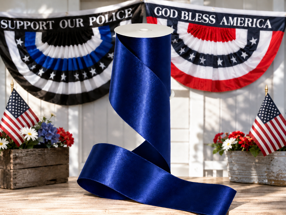 Patriotic Navy Satin Wired Ribbon- 4" x 5 Yards, 4th of July, America 250 Anniversary, Police Support, Father's Day, School Graduation, Wreath, Birthday, Gift Wrap, Election, 1776,  Veterans Day