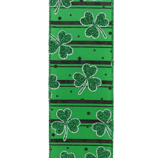 St Patrick's Day Clover Ribbon - 2 1/2" x 10 Yards, Glitter Shamrocks, Emerald Green, Wreath, Gift Wrapping, Garland, Party Decor, DIY Crafts, Wired Edge