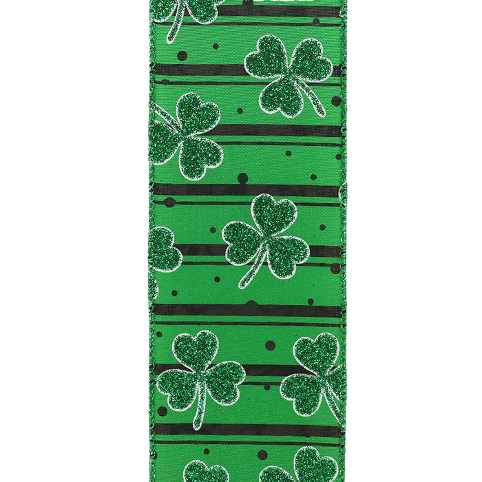 St Patrick's Day Clover Ribbon - 2 1/2" x 10 Yards, Glitter Shamrocks, Emerald Green, Wreath, Gift Wrapping, Garland, Party Decor, DIY Crafts, Wired Edge