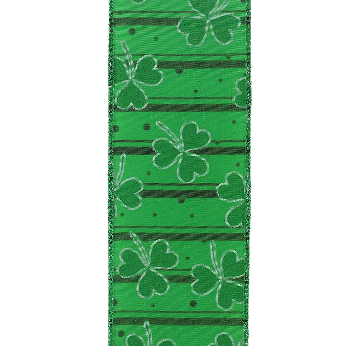 St Patrick's Day Clover Ribbon - 2 1/2" x 10 Yards, Glitter Shamrocks, Emerald Green, Wreath, Gift Wrapping, Garland, Party Decor, DIY Crafts, Wired Edge