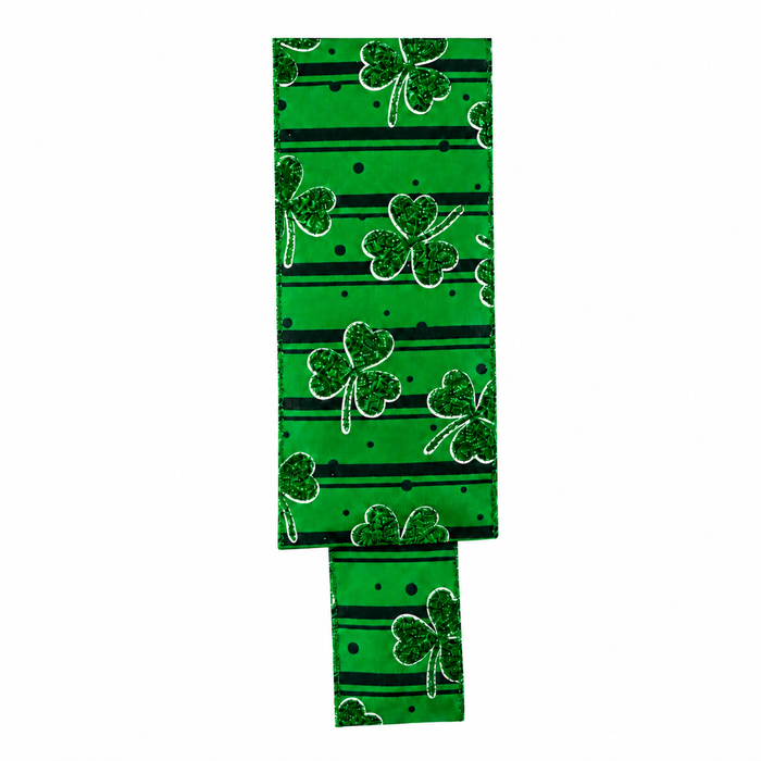 St Patrick's Day Clover Ribbon - 2 1/2" x 10 Yards, Glitter Shamrocks, Emerald Green, Wreath, Gift Wrapping, Garland, Party Decor, DIY Crafts, Wired Edge