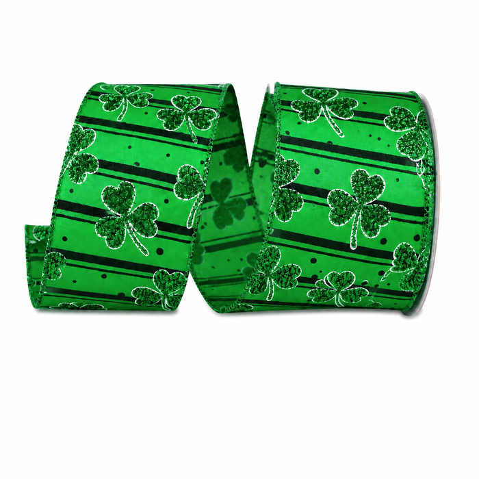 St Patrick's Day Clover Ribbon - 2 1/2" x 10 Yards, Glitter Shamrocks, Emerald Green, Wreath, Gift Wrapping, Garland, Party Decor, DIY Crafts, Wired Edge