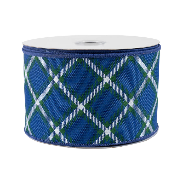 Royal Diagonal Plaid Wired Ribbon - 2 1/2 inch x 10 Yards, 4th of July, America 250 Anniversary, Father's Day, Royal Blue, White & Green Plaid, Police Support, Birthday Crafts, School Graduation