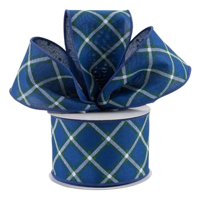 Royal Diagonal Plaid Wired Ribbon - 2 1/2 inch x 10 Yards, 4th of July, America 250 Anniversary, Father's Day, Royal Blue, White & Green Plaid, Police Support, Birthday Crafts, School Graduation