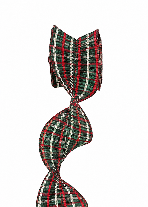 Christmas Plaid Pleated Wired Ribbon - 3" x 5 Yards, Emerald, Red, White, Wreath, Garland, Swag, Birthday, Farmhouse Wedding, Gift Wrap, Tree Wrap, Metallic Gold Accents