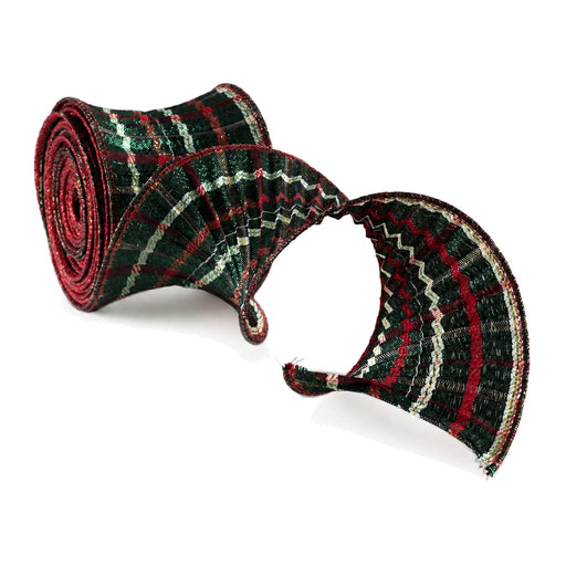 Christmas Plaid Pleated Wired Ribbon - 3" x 5 Yards, Emerald, Red, White, Wreath, Garland, Swag, Birthday, Farmhouse Wedding, Gift Wrap, Tree Wrap, Metallic Gold Accents