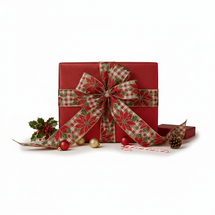 Poinsettia Plaid Christmas Tree Ribbon - 2 1/2" x 10 Yards