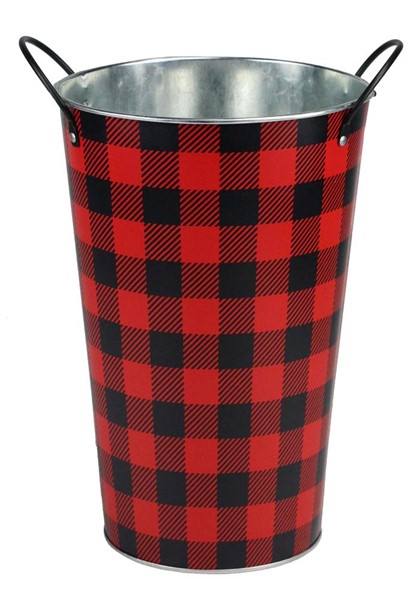 Buffalo Plaid Christmas Tin Pot - 7" Diameter, 11" Height, Red Black Buffalo Check