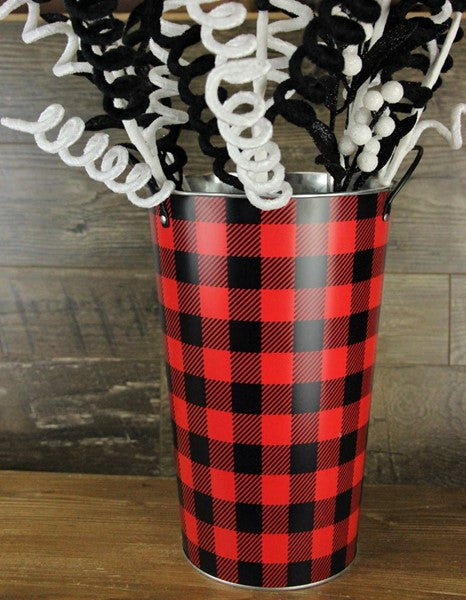 Buffalo Plaid Christmas Tin Pot - 7" Diameter, 11" Height, Red Black Buffalo Check