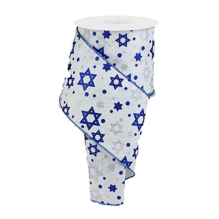 Star of David Glitter Ribbon - 4" x 10 Yards, Hanukkah, Wreath, Glitter, Garland, Gift Wrap, Party Decoration, Winter Holiday, Wired Ribbon, Blue, Silver, White