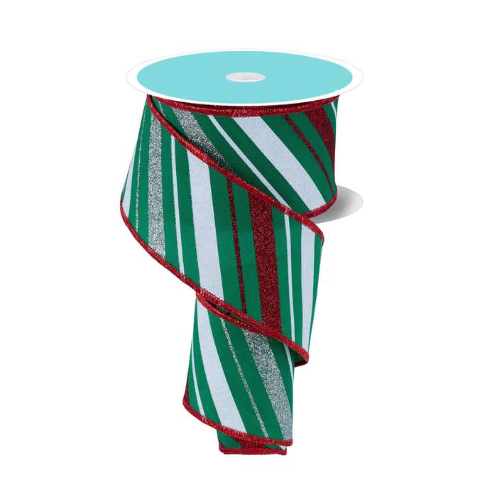 Christmas Diagonal Stripe Wired Ribbon - 2 1/2" x 10 Yards, Red, Green, Silver, White
