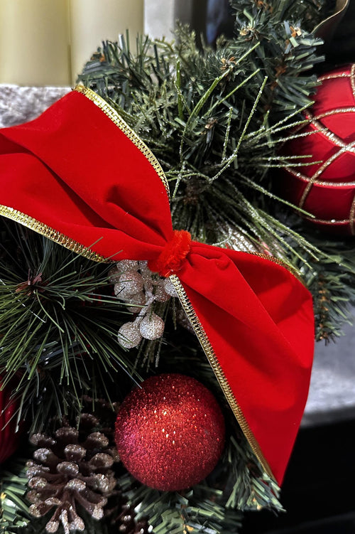 Extra Wide Red Velvet Ribbon decorating Christmas Wreath with ornaments