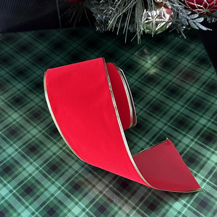 Red Velvet Ribbon with Gold Edge for decorating gifts, tree skirts, fireplace, doors and gates