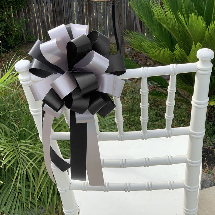 CUSTOM Black and Silver Pull Bows - 8" Wide, 7 Sets of 6, 42 Bows Total