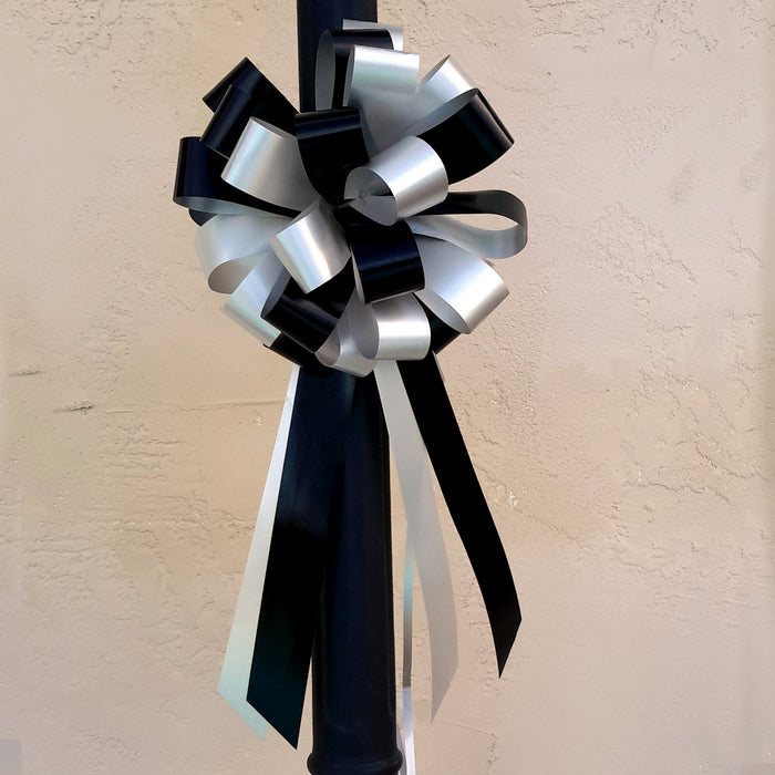 CUSTOM Black and Silver Pull Bows - 8" Wide, 7 Sets of 6, 42 Bows Total