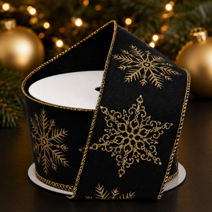 Gold Snowflakes Black Velour Ribbon - 2 1/2" x 10 Yards, Christmas, Gift Wrapping, Wreath, Swag, Garland, Presents, Gift Basket, Winter, Tree Topper Bow, Wreath, Gift Bows