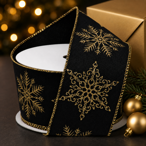 Gold Snowflakes Black Velour Ribbon - 2 1/2" x 10 Yards, Christmas, Gift Wrapping, Wreath, Swag, Garland, Presents, Gift Basket, Winter, Tree Topper Bow, Wreath, Gift Bows