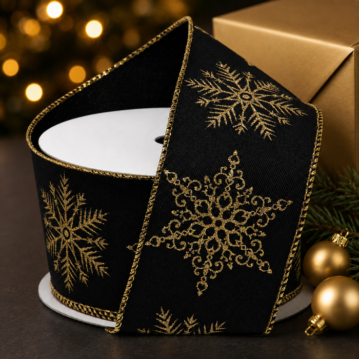 Gold Snowflakes Black Velour Ribbon - 2 1/2" x 10 Yards, Christmas, Gift Wrapping, Wreath, Swag, Garland, Presents, Gift Basket, Winter, Tree Topper Bow, Wreath, Gift Bows